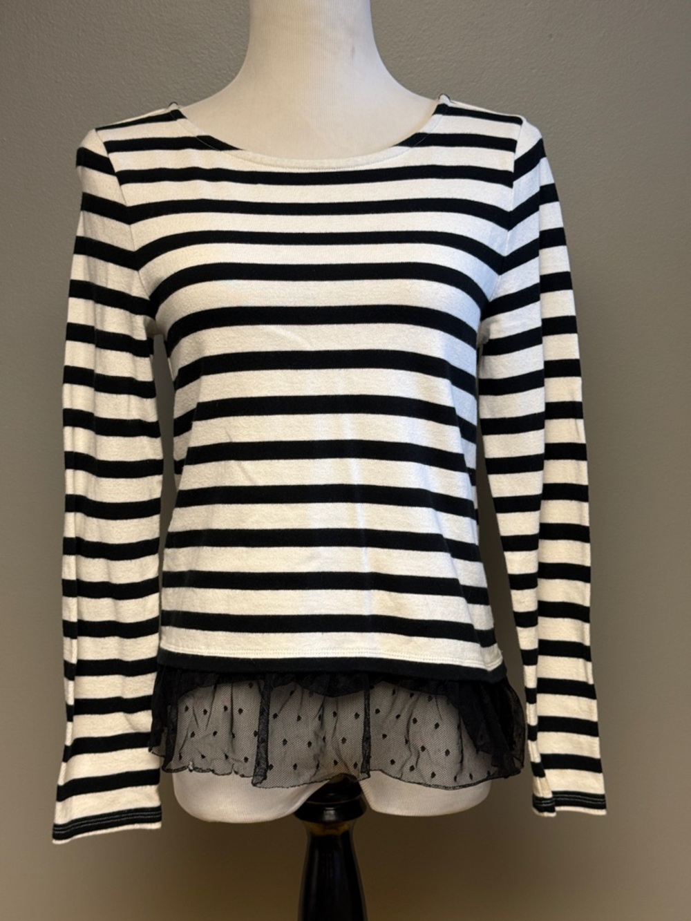 Talbots Black White Striped Top Small Long Sleeve Cotton Sheer Hem